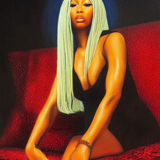 Image similar to nicki minaj knitting on a sofa, highly detailed professional painting by boris vallejo 1 9 9 0