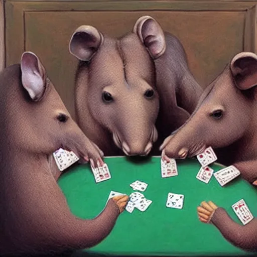 Prompt: Tapirs playing Poker. Classic Painting.
