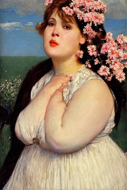 Image similar to close - up fashion fat woman portrait airy flowers cloudy sky art by vasnetsov