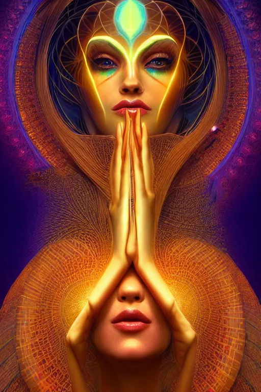 Image similar to a centered render of an alluring goddess wearing a psychedelic mask surrounded by a glorious sacred energy made from geometry and spiral mandel bulb fractals, powerful, cinematic, beautifully lit, by artgerm, by karol bak, 3 d, trending on artstation, octane render, 8 k