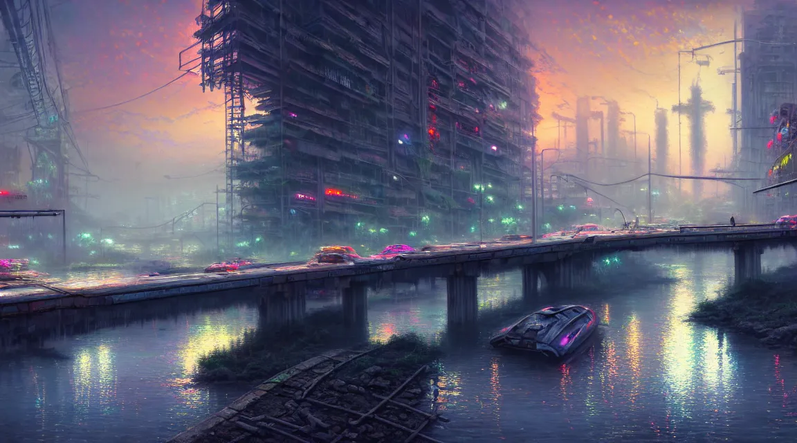 Prompt: post apocalyptic river bridge, building, boats, avenue, urban architecture, americana architecture, concrete architecture, paved roads, by thomas kinkade trending on artstation, photorealistic, wild vegetation, hyper detailed, hyper realistic neon cyberpunk blade runner mist