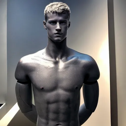 Image similar to “ a realistic detailed photo of a guy who is an attractive humanoid who is half robot and half humanoid, who is a male android, football player christian mccaffrey, shiny skin, posing like a statue, blank stare, at the museum, on display ”