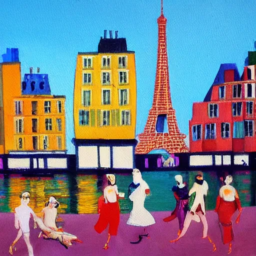 Image similar to A sunny day in modern Paris, colorful painting by Charles Blondin