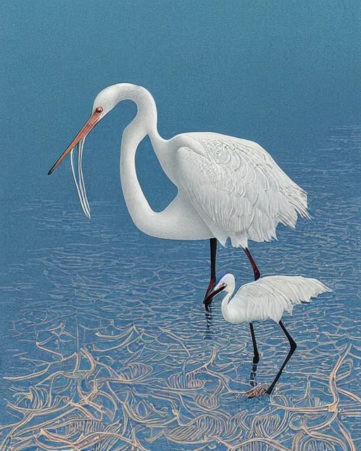 Image similar to a white crane bird hunting in shallow water by abandoned greek architecture, digital art, illustrated by james gurney and victo ngai