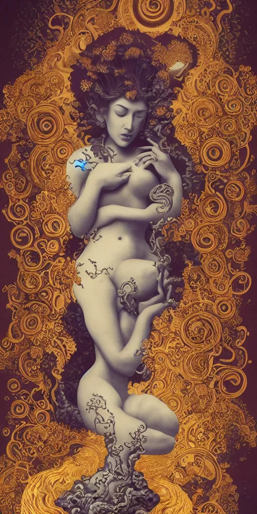 Image similar to masterpiece with intricate designs, tarot card, a mandelbulb fractal scarlett johansson, southeast asian diety statue, full of golden layers, flowers, clouds, vines, mushrooms, swirls, curls, wave by Hokusai and Mike Mignola, trending on artstation, elaborate illustration, beautiful hands close to a candle in dark room, cinematic, powerful, moon beams dramatic light, highly, intricate elements, detailed, digital painting, artstation, concept art, sharp focus, illustration, art by artgerm