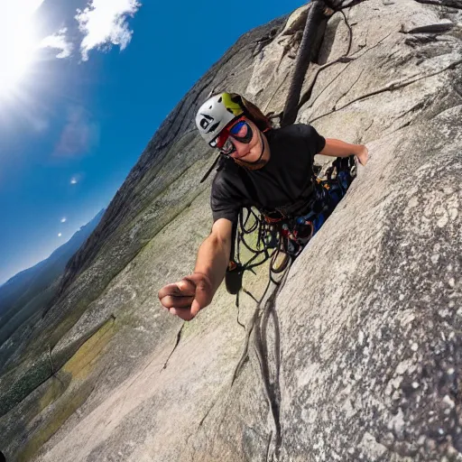 Prompt: free solo climber ascending a mountain. 4k action gopro fisheye lens