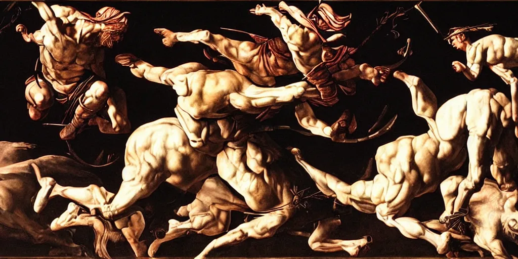 Prompt: the sacrifice of the white unicorn, fighting, struggling, muscular by caravaggio