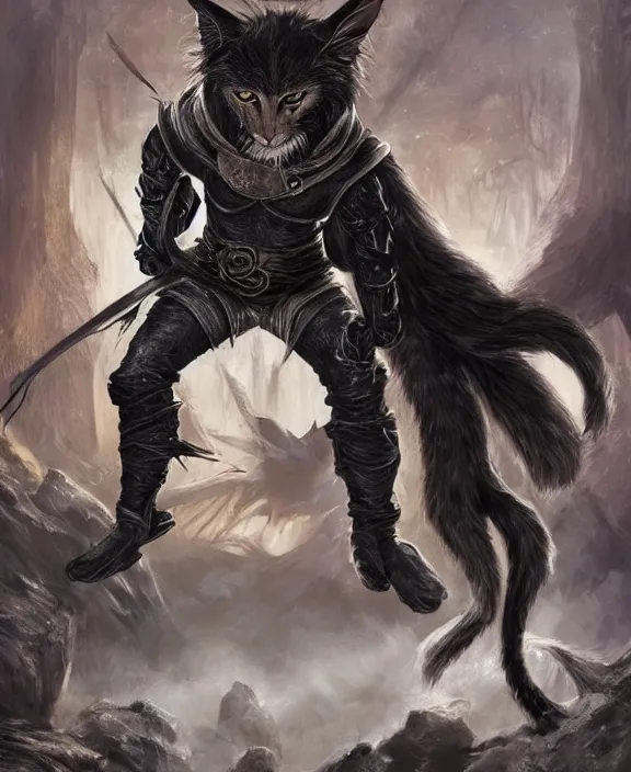 Image similar to humanoid male khajiit rogue with a scar on left eye, wearing leather armor with a hood, mainecoon cat features with jet black fur, far - mid shot, magic the gathering, fantasy