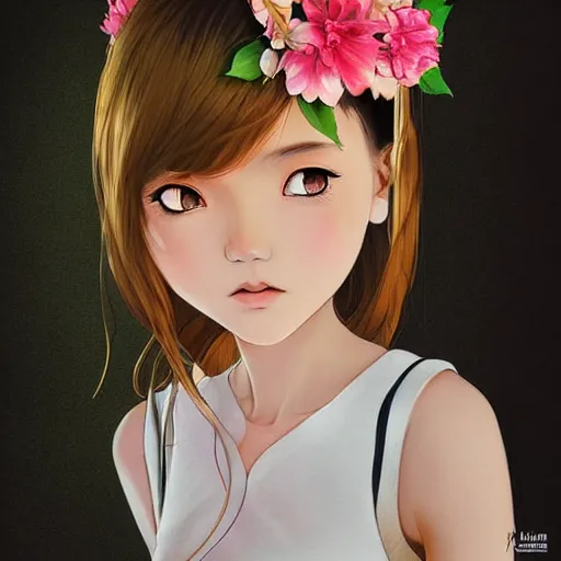 Image similar to little thai girl with flowers in hair wearing an white dress. art by ilya kuvshinov, profile picture, inspired in hirohiko araki, realistic, highly detailed, 8 0 s anime art style, vogue cover