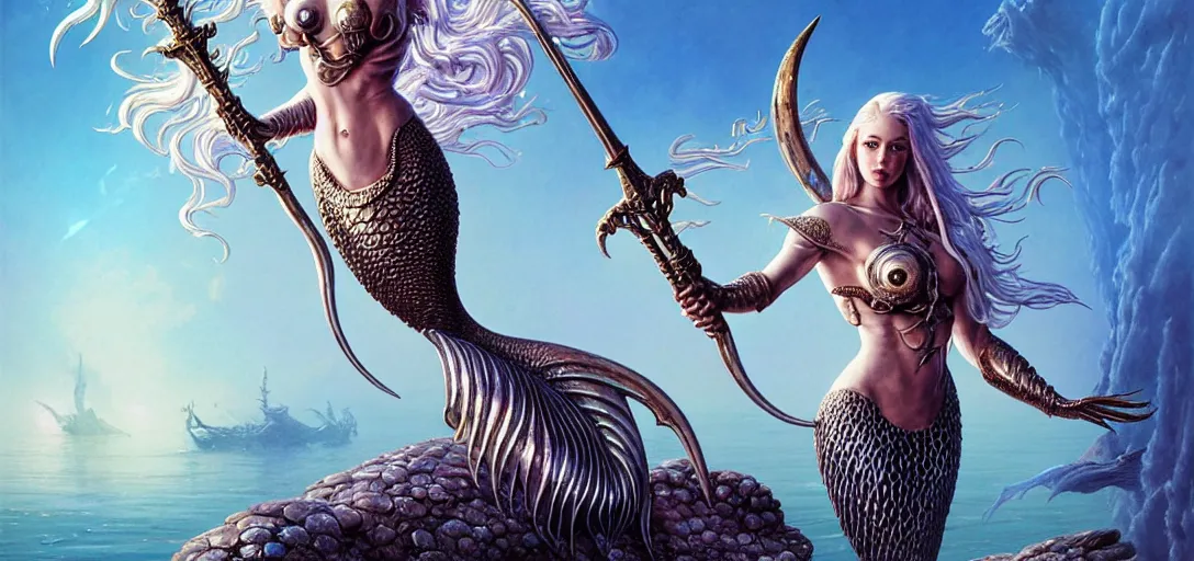 Image similar to a beautiful mermaid wearing metal armor holding an ornate sword, alien fish attack in the style of roger dean, realistic, sharp focus, 8 k high definition, insanely detailed, intricate, elegant, art by greg rutkowski and artgerm, extreme blur cherry blossoms background