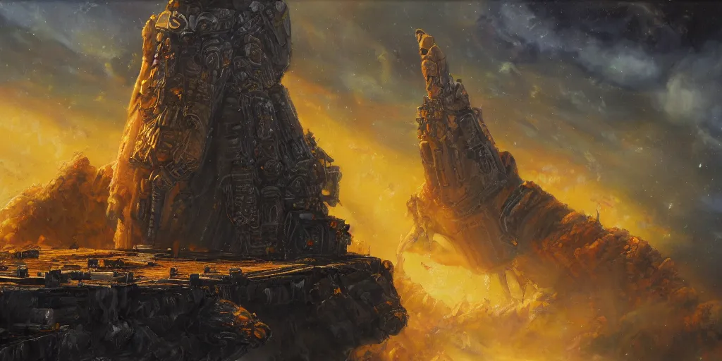 Prompt: an oil painting of the UNSC Pillar of Autumn