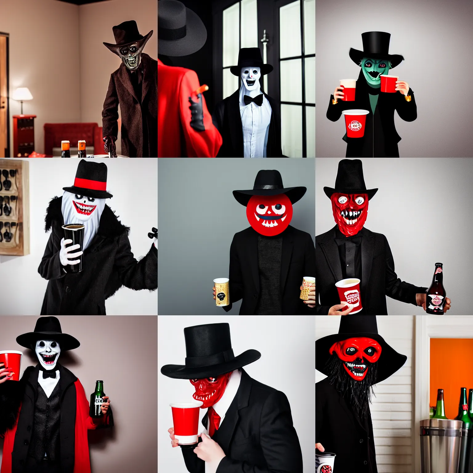 Prompt: shy babadook in black hat and coat at a houseparty, male ghoulish face, awkwardly holding red solo cup filled with beer, standing in corner of room, flash photography 4 k hdr