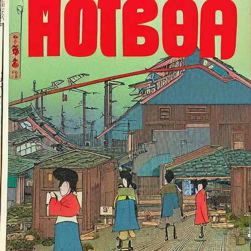 Image similar to 1979 magazine cover depicting a traditional Japanese village. Art in the style of Moebius, cyberpunk, masterpiece