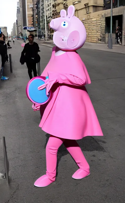 Prompt: peppa pig wearing issey miyake pleats please, photograph by terry richardson