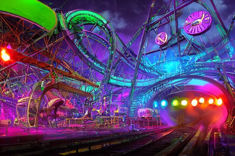 Image similar to an outdoor festival stage, neon letters tripmachine, center of the stage is a big futuristic steampunk generator with gears and belts and tubes, surrounded by a rollercoaster with a steam train, rock musicians on the stage, laser show, 8 k, fluorescent colors, halluzinogenic, multicolored, exaggerated detailed, unreal engine