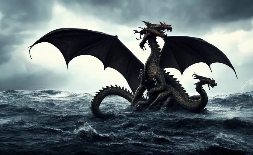 Prompt: a dragon with three heads emerging from the ocean during a storm, dramatic lighting, cinematic, high coherence, hyperrealistic, anatomically correct, path traced, highly detailed, high quality, 8 k hdr, octane render, unreal engine 5, trending on artstation, epic image, turbulent sea, concept art, digital art