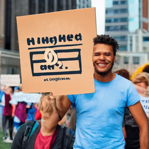 Image similar to photograph of smiling man holding a protest sign saying'xd ', high detail, 8 k resolution