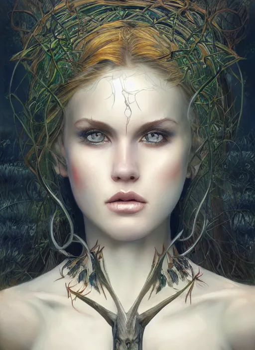 Prompt: a highly detailed symmetrical painting of a female druie with piercing beautiful eyes in forest meadow, dynamic lighting, ambient lighting, trending on artstation, art by artgerm and karol bak and mark brooks