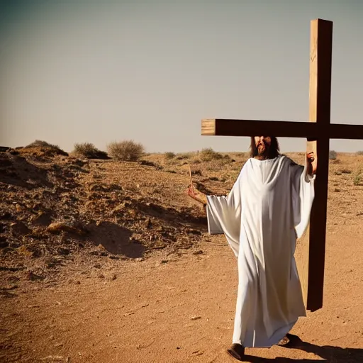 Image similar to paparazzi following around jesus christ while he is carrying a cross in the desert, 8 k photography,