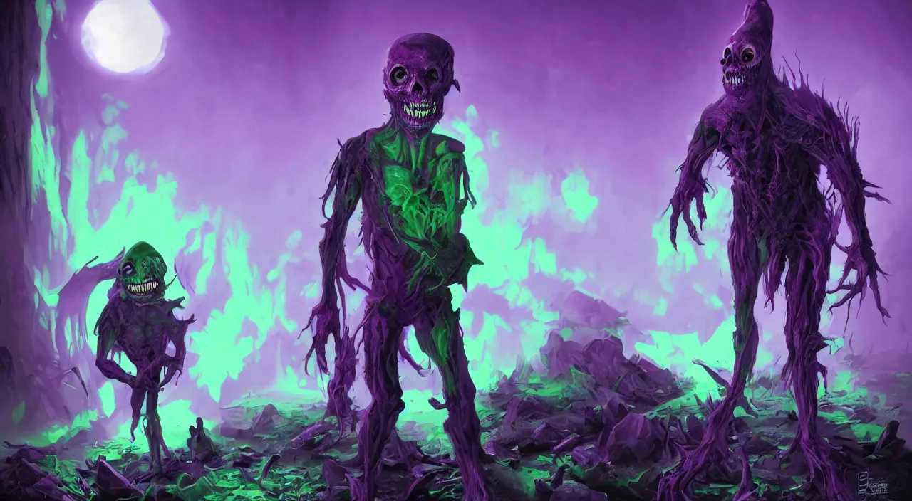 Prompt: purple ghoul, demonic creature, dark colors, bright green eyes, by Brock Hofer digital art, ArtStation GTA cover comics style, by James Gurney and beeple, global illumination, volume lighting, tone mapping