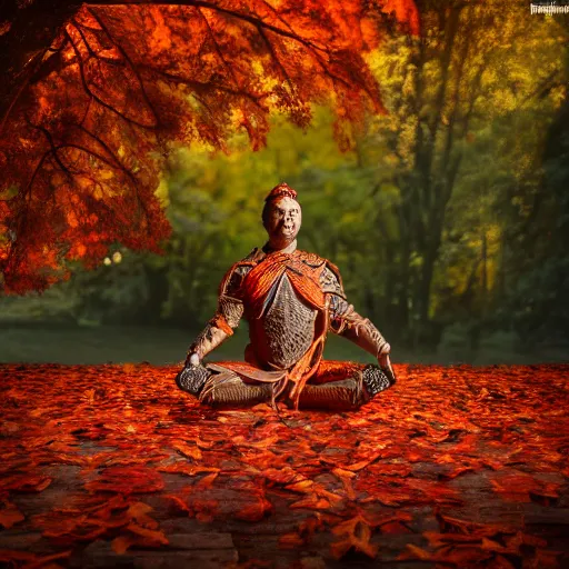 Prompt: warrior, wearing stone wood vines led diode armor, sitting in lotus position by tall tree with red and orange autumn leaves, meditation, highly detailed, dramatic lighting, night time, cinematic, sci - fi, hyperrealistic, detailed