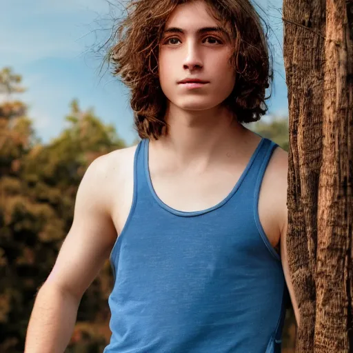 Image similar to Portrait of a 21 yo boy with natural brown hair, smooth pale skin. Net fischer net tank top. Detailed face. Full body shot. Photo. Blue sky.