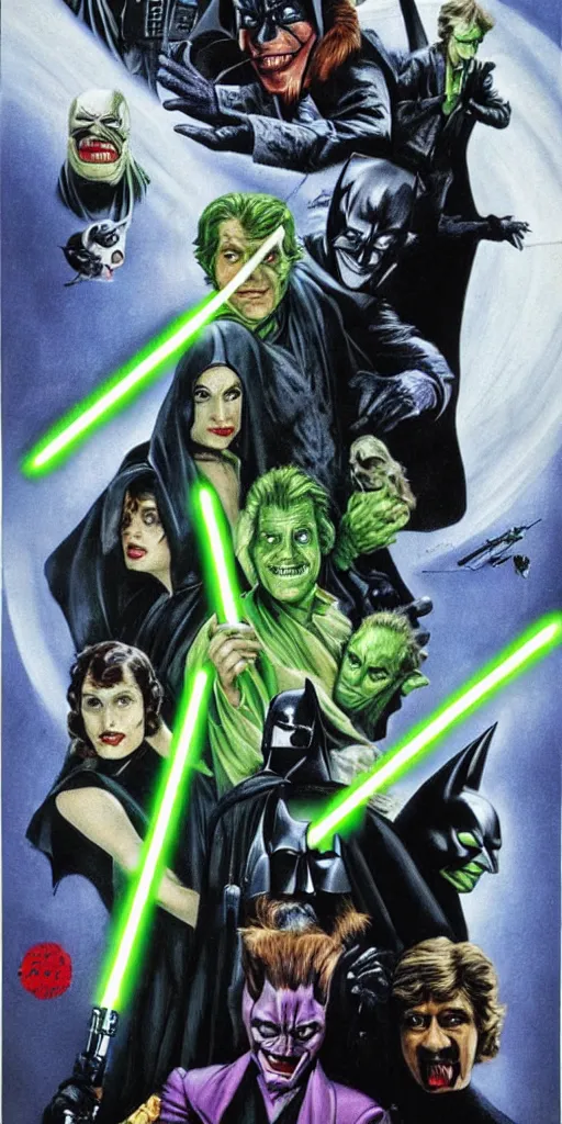 Prompt: a Star Wars Return of the Jedi movie poster with Batman, the Joker, the Green Goblin, and Catwoman