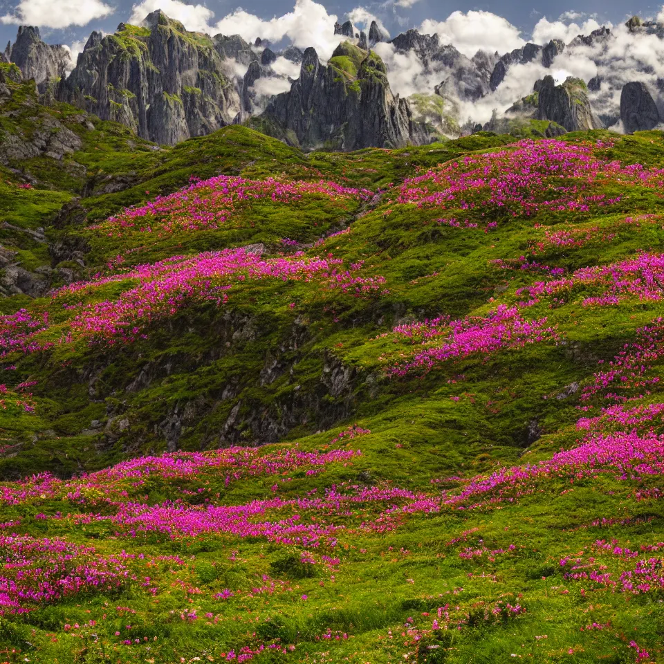 Image similar to valley of flowers with high and small monoliths, humans, renaissance style, film grain, high detailed,