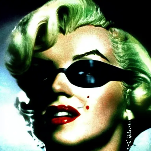 Image similar to marilyn monroe as trinity from the matrix, film still