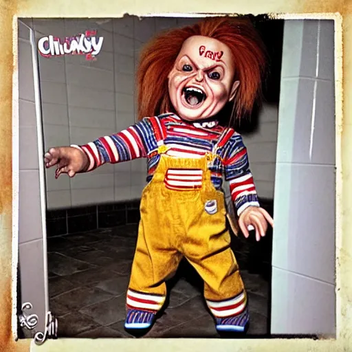 Image similar to chucky the killer doll standing in the bathroom