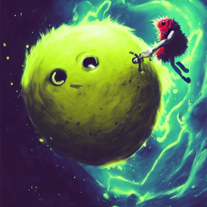 Image similar to cinematic portrait of a tennis ball monster in the abyss of space, chalk, masterpiece, trending on artstation, featured on pixiv, cinematic composition, dramatic pose, beautiful lighting, sharp details, hyper-detailed, HD, HDR, 4K, 8K, art by Basil Gogos