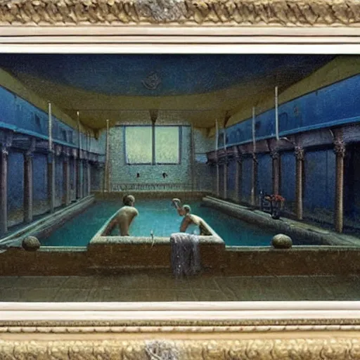 Prompt: painting of a scifi ancient civilzation victorian swimming pool, beksinski