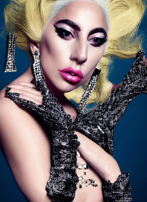 Image similar to lady gaga styled by nick knight posing , high fashion, vintage couture , vogue magazine, Highly realistic. High resolution. Highly detailed. Dramatic. 8k.4k.