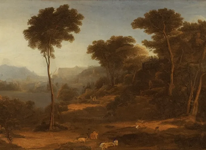 Image similar to highly detailed landscape of the african velt, misty ominous atmosphere : claude lorrain