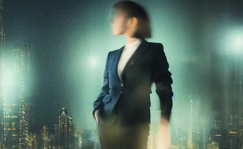 Prompt: a wide shot of a woman with a wool suit, blurred face, wearing an omega speedmaster on her wrist in a dystopian city at night with cyberpunk lights