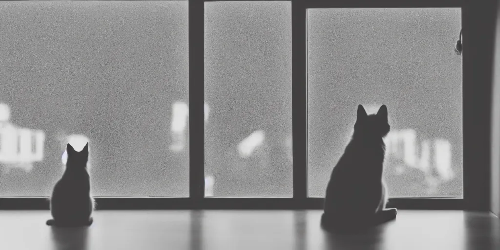 Image similar to silhouette of a girl and her cat, looking out a window on a rainy day, inside a cozy apartment, with a city view. atmospheric, moody, cozy, rainy day, backlit, multiple colors