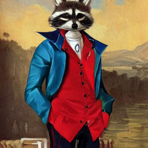 Prompt: a gentleman raccoon wearing a kaneda jacket, portrait, painting, vibrant colors, detailed, artwork by Hyacinthe Rigaud