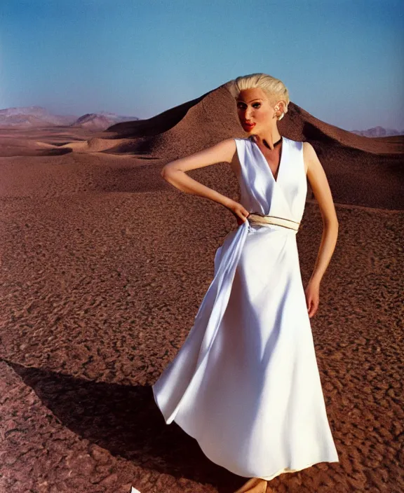 Image similar to blonde woman in the desert, white dress, by norman parkinson