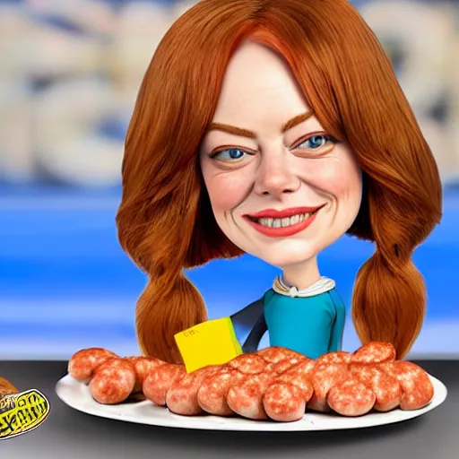 Image similar to hyperrealistic emma stone caricature surrounded by big fat frankfurter sausages by bob byerley and aardman animation, mascot, target reticles