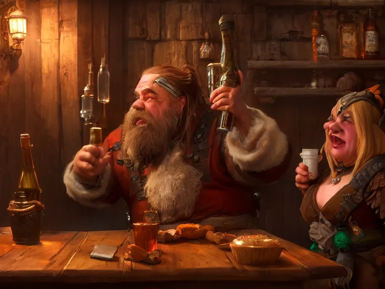 Image similar to Drunk Dwarf talks to Raven at the Tavern, RPG Portrait, Oil Painting, Trending on Artstation, octane render, Insanely Detailed, 8k, HD