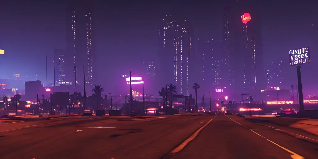 Prompt: gtav los santos at night, cyberpunk art style