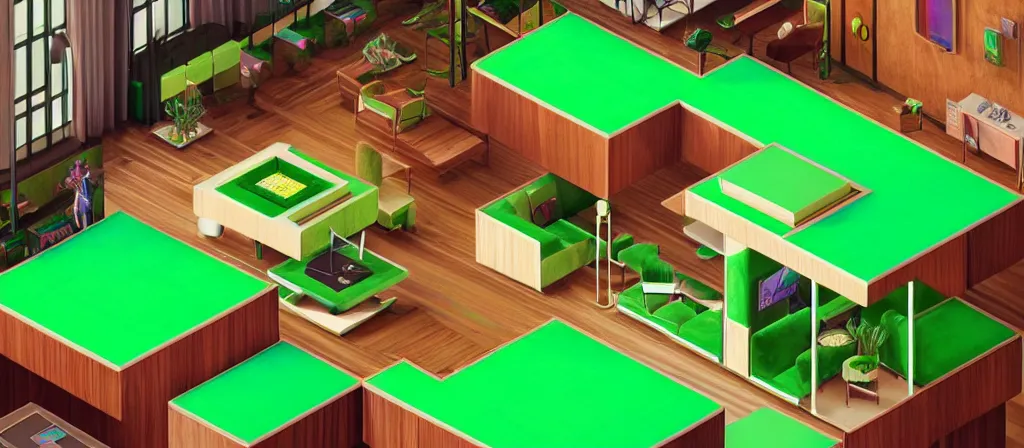 Image similar to huge gargantuan angular dimension of infinite indoor 7 0 s green velvet and wood with metal furniture office scenario. surrealism, mallsoft, vaporwave, trending on artstation, shot from above, axonometric camera perspectic, epic scale by escher