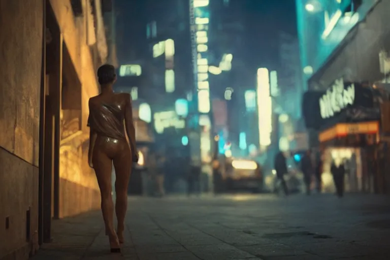 Image similar to VFX movie portrait closeup beautiful blade runner hologram woman natural skin, natural night street lighting in the city alley by Emmanuel Lubezki