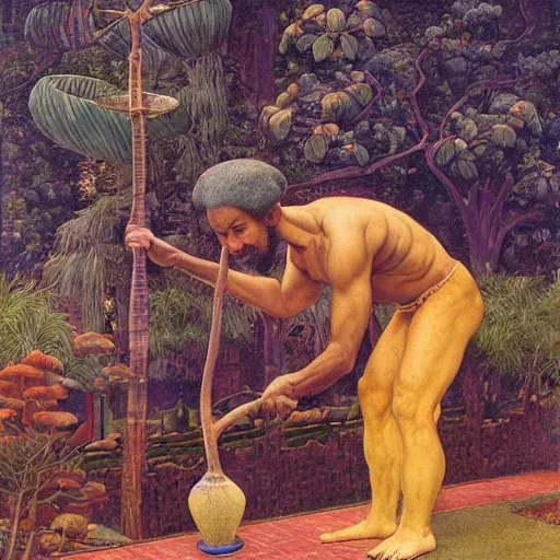 Image similar to Muscular African gardener cutting bonsai trees, grey Hair, idyllic Garden, by Annie Swynnerton and Nicholas Roerich and jean delville, glowing paper lanterns, strong dramatic cinematic lighting , ornate tiled architecture, lost civilizations, smooth, sharp focus, extremely detailed