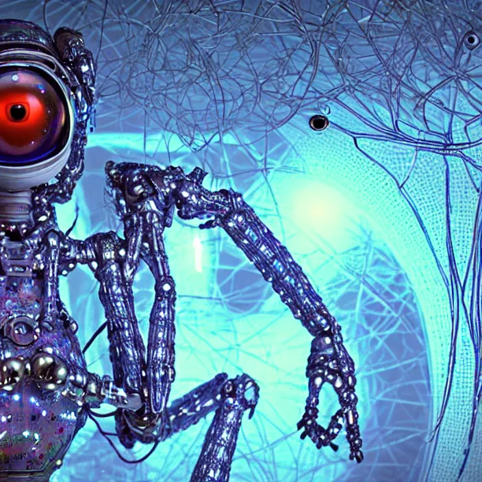 Image similar to a cybernetic symbiosis of a single astronaut mech-organic eva suit made of pearlescent wearing knitted shiny ceramic multi colored yarn thread infected with diamond 3d fractal lace iridescent bubble 3d skin dotted covered with orb stalks of insectoid compound eye camera lenses floats through the living room, film still from the movie directed by Denis Villeneuve with art direction by Salvador Dalí, wide lens,kevlar,carbon fiber,ceramics,gaseous materials,