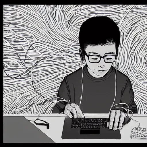 Prompt: illustration of a boy connected to his laptop with hundreds of wires, highly detailed, by butcher billy, mcbess, rutkowski, artgem, james jean, 8 k, photorealistic