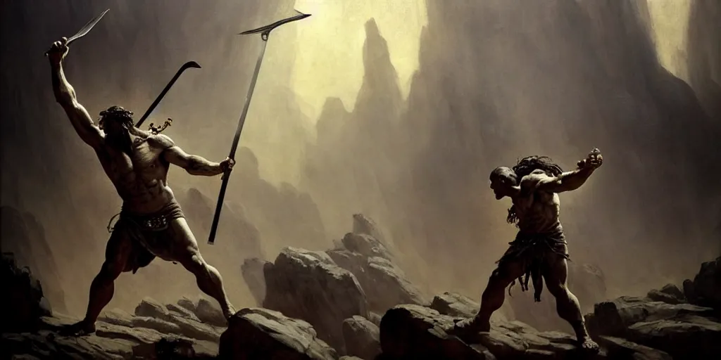 Prompt: realistic painting of biblical Cain armed with a spear fighting Abel, a stone altar with white smoke ascending in the background, masculine and rugged, inspired art by Frazetta + facial symmetry + dramatic volumetric lighting, well lit, 8k octane render, intricate, epic composition, grim yet sparkling atmosphere, cinematic lighting + masterpiece, trending on artstation, very detailed, masterpiece, stunning