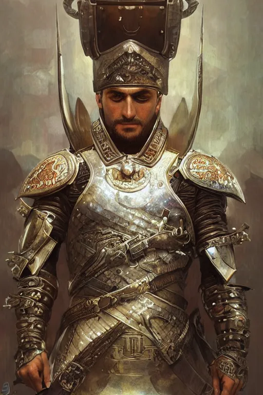 Image similar to ultra realistic illustration, ottoman warrior in cyberpunk style armor from 1 9 3 2, sci - fi, fantasy, intricate, elegant, highly detailed, digital painting, artstation, concept art, smooth, sharp focus, illustration, art by artgerm and greg rutkowski and alphonse mucha