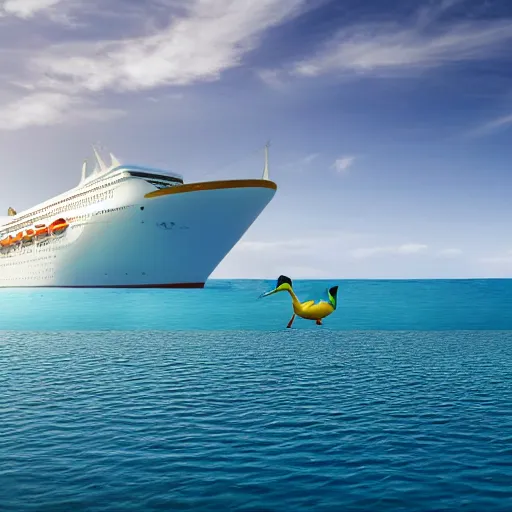 Prompt: cruise liner in the shape of a bathtub duck in the middle of the ocean.