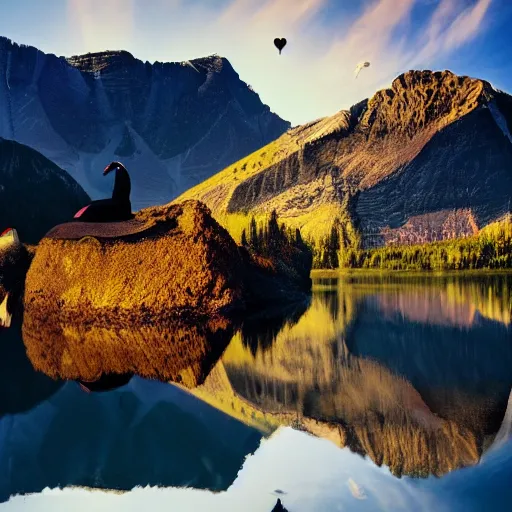 Image similar to photo of two black swans swimming in a beautiful reflective mountain lake, touching heads, forming a heart with their necks, a colorful hot air balloon is flying above the swans, hot air balloon, intricate, 8k highly professionally detailed, HDR, CGsociety